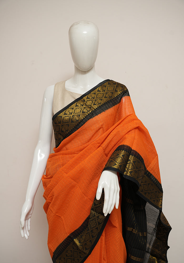 APNISHA Orange & Black Printed Saree With Unstitched Blouse